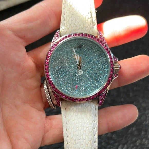 Juicy Couture Crystal blue and pink watch with white leather band - Picture 1 of 3